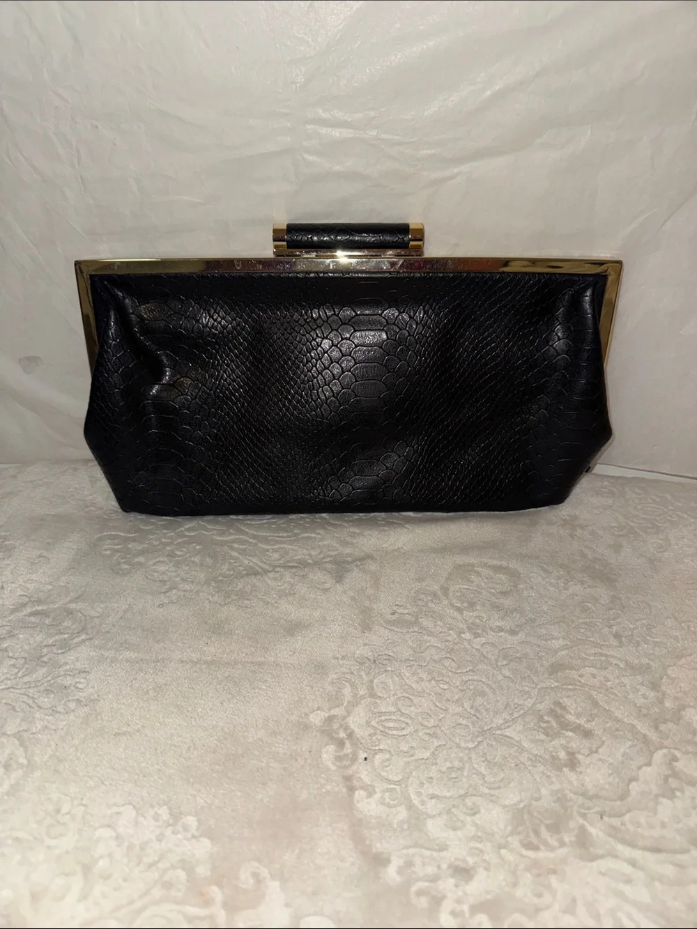 INC International Concepts Black Snake-Embossed Clutch with Gold Frame